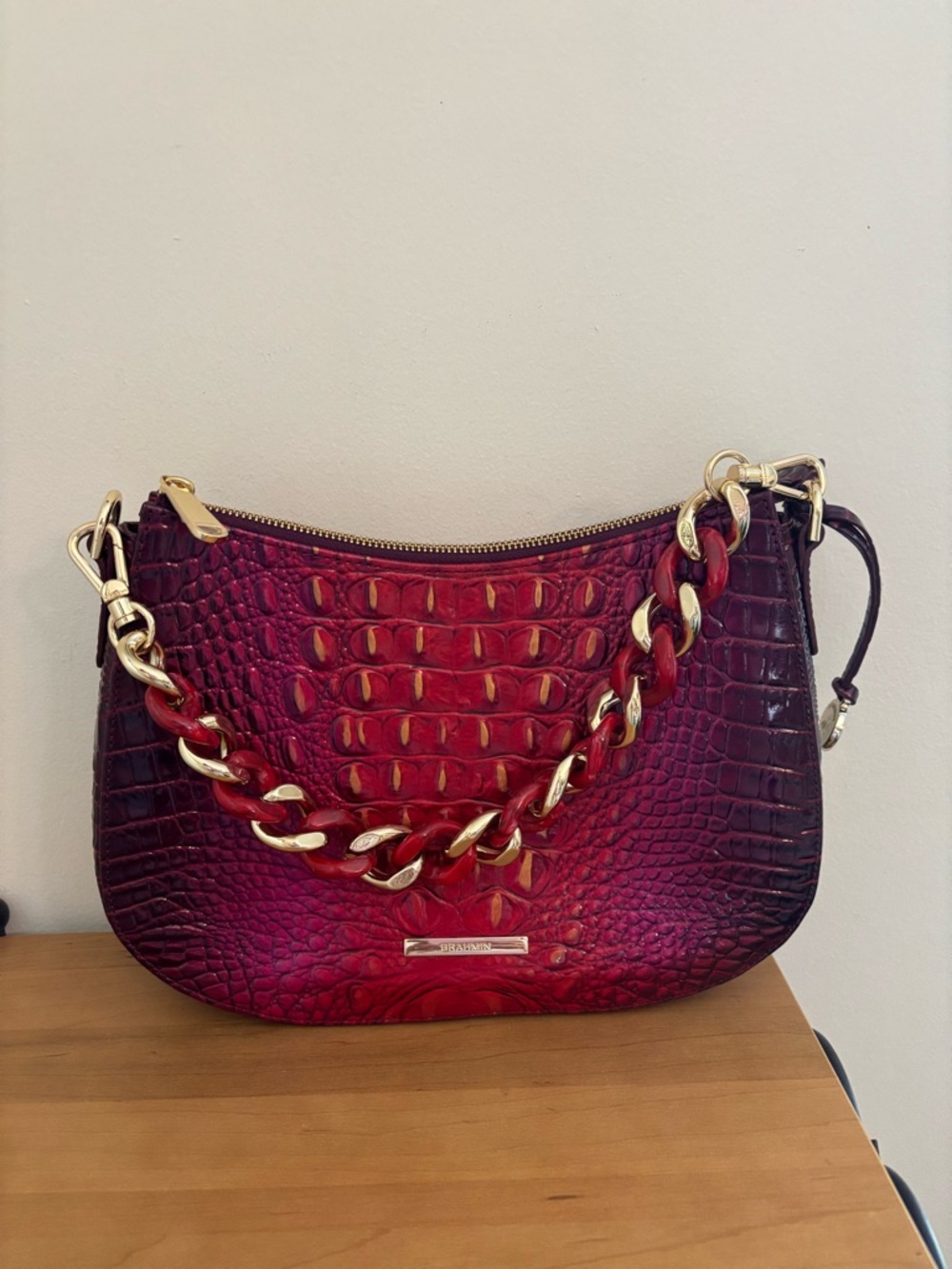 BRAHMIN - MOD SHAYNA RUBY RED MELBOURNE CROC EMBOSSED  LEATHER  HANDBAG